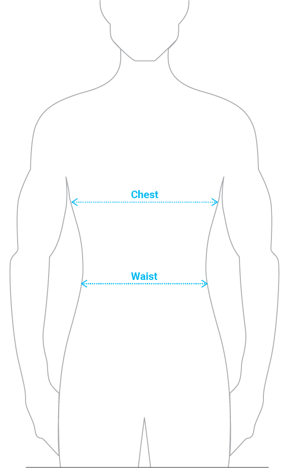 Body diagram showing chest and waist measurement positions